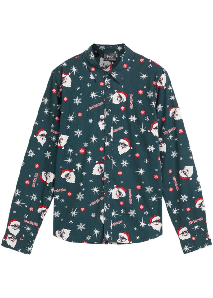 Jungen Langarmhemd mit Weihnachtsmotiv, Slim Fit in blau von vorne - bpc bonprix collection