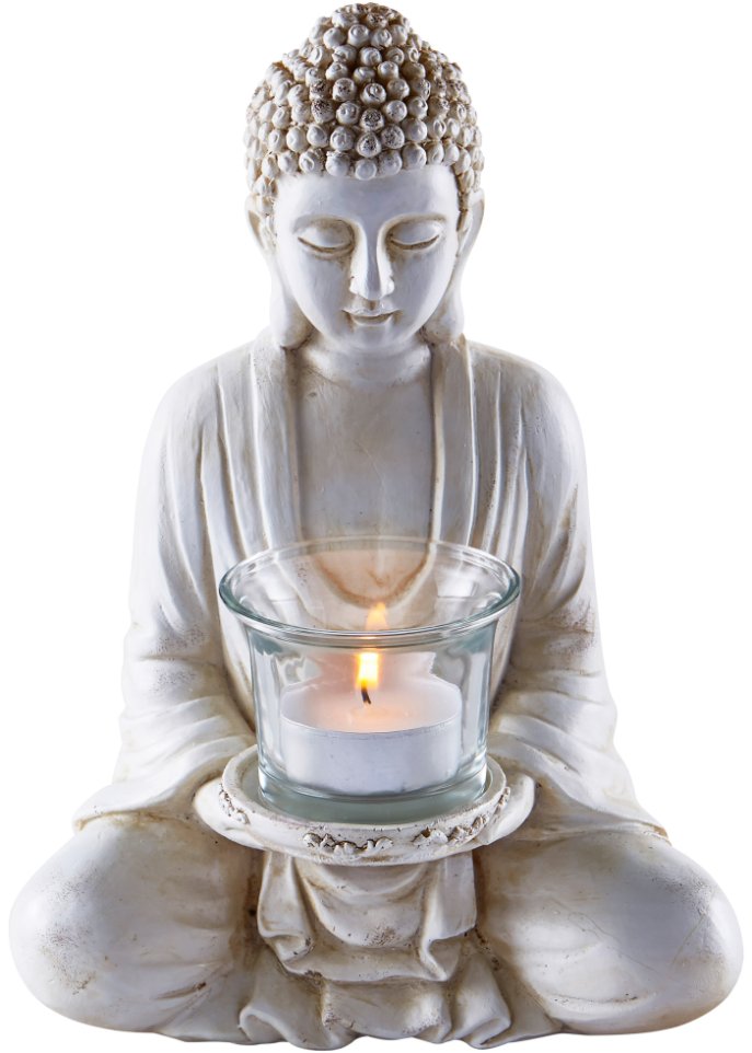 in kunstvoller Strahlt Teelichthalter aus: der Ausführung Ruhe viel Buddha