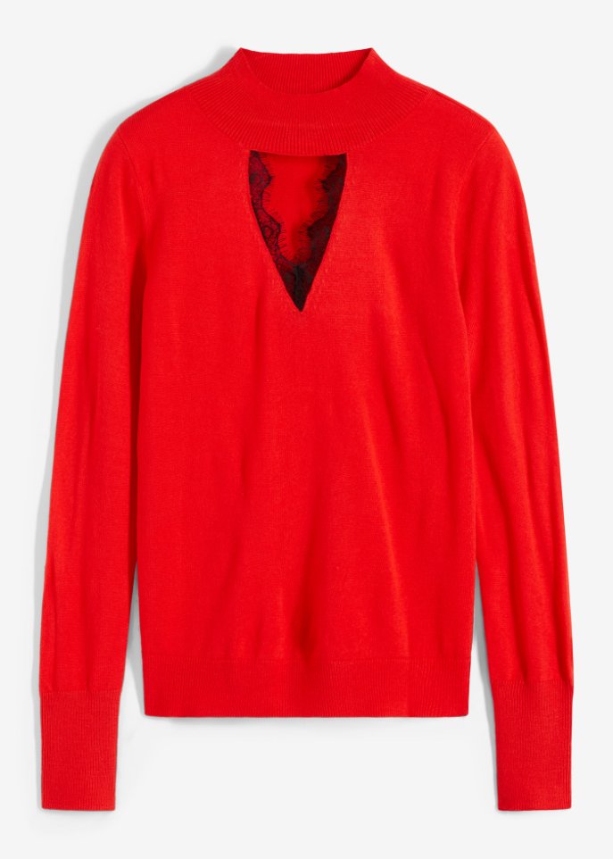 Pullover mit Spitze in rot von vorne - BODYFLIRT