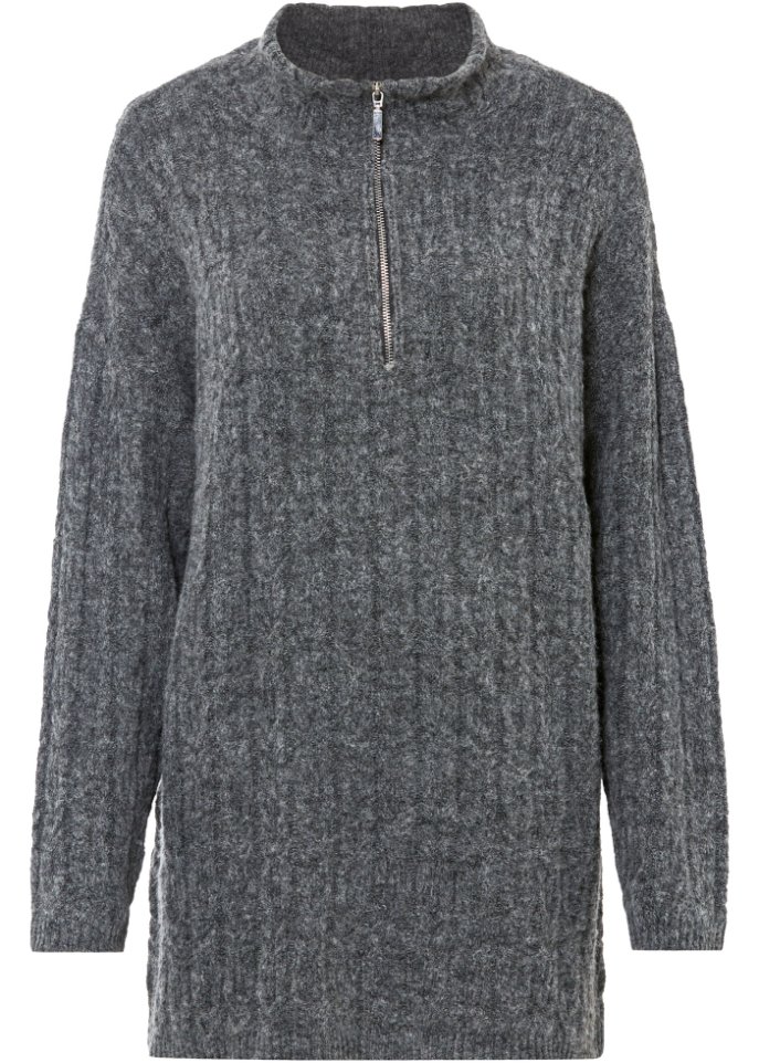 Langer Pullover mit Zopfmuster in grau von vorne - RAINBOW