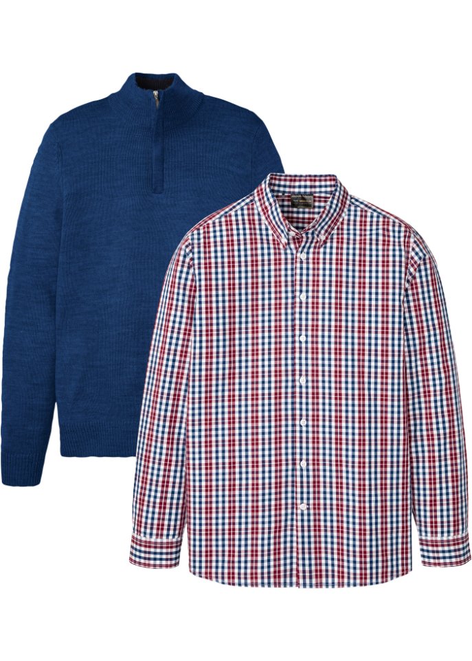 Pullover mit Troyer Kragen und Hemd (2-tlg.Set) in blau von vorne - bpc selection