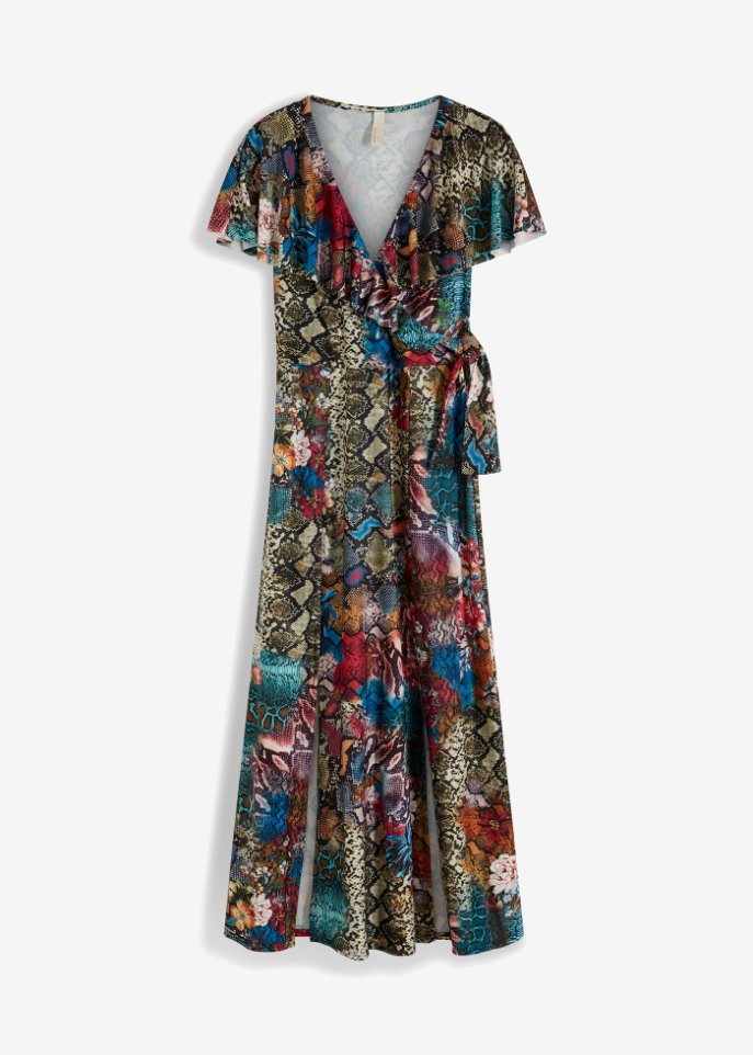 Langes Kleid mit raffiniertem Druck in braun von vorne - BODYFLIRT boutique