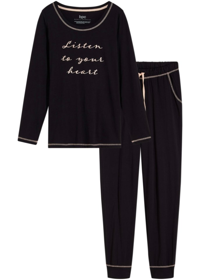 Pyjama aus weicher Baumwolle mit Eingriffstaschen in schwarz von vorne - bpc bonprix collection