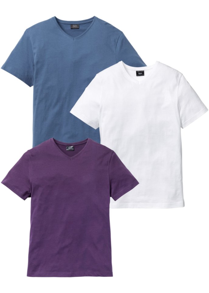 T-Shirt mit V-Ausschnitt (3er Pack) in lila von vorne - bpc bonprix collection