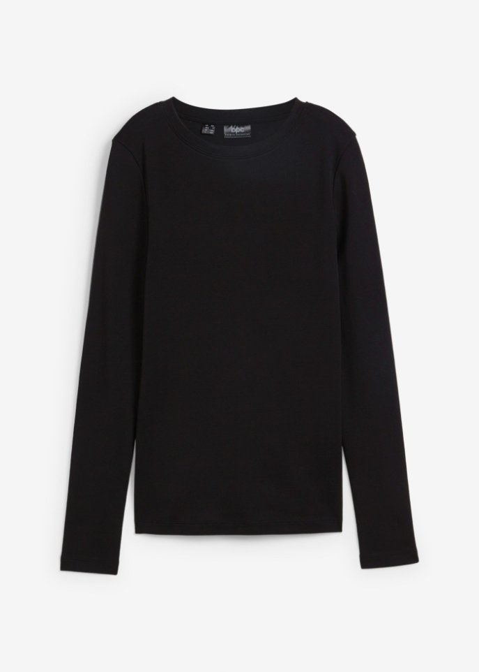 Langarm-Shirt mit halsnahem Ausschnitt in schwarz von vorne - bpc bonprix collection