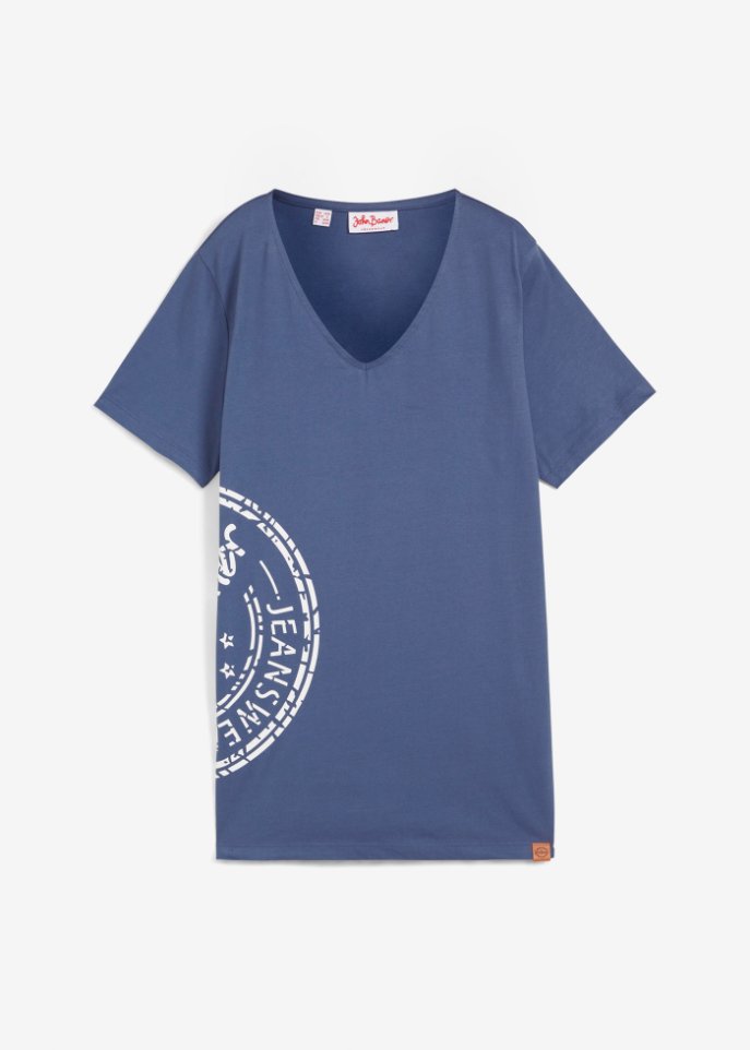 T-Shirt mit V-Kragen, bedruckt in blau von vorne - John Baner JEANSWEAR