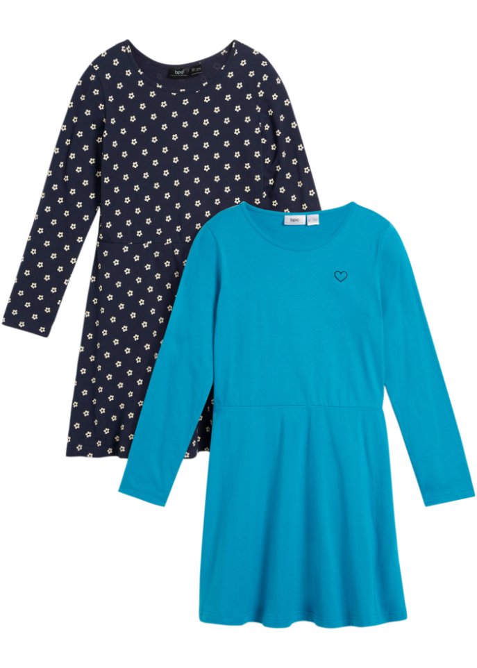 Mädchen Langarm-Jerseykleid  aus Bio Baumwolle (2er Pack) in blau von vorne - bpc bonprix collection