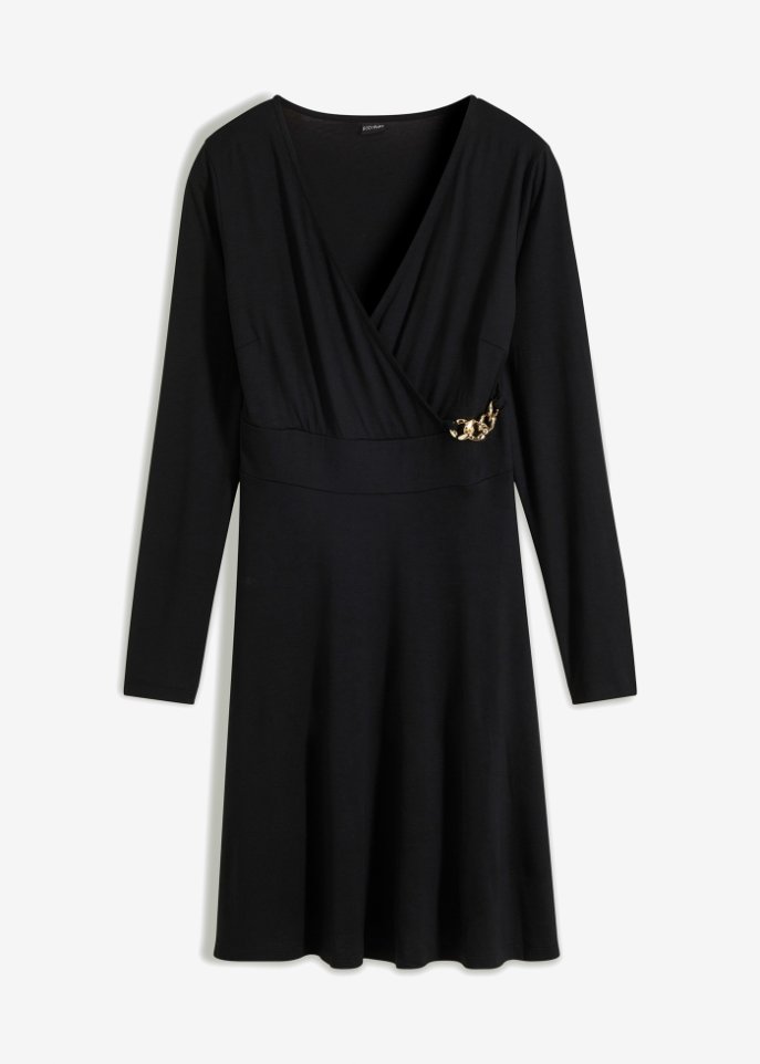 Jerseykleid mit Ketten-Applikation in schwarz von vorne - BODYFLIRT