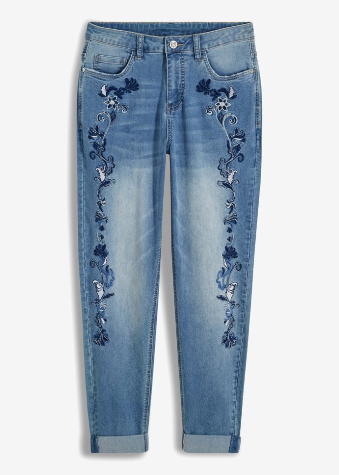 Slim Jeans, Mid Waist, cropped in blau von vorne - BODYFLIRT