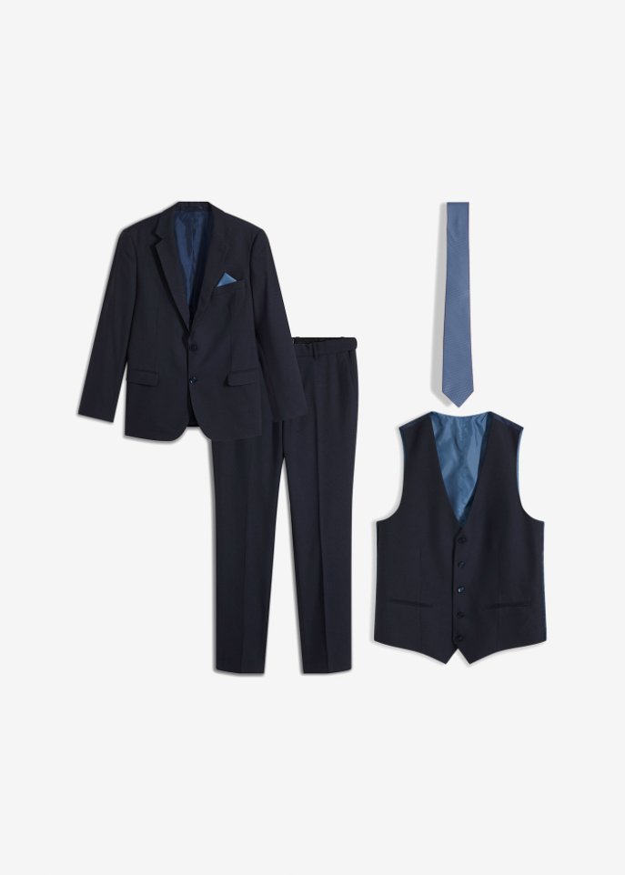 Anzug Slim Fit (4-tlg.Set): Sakko, Hose, Weste, Krawatte in blau von vorne - bpc selection