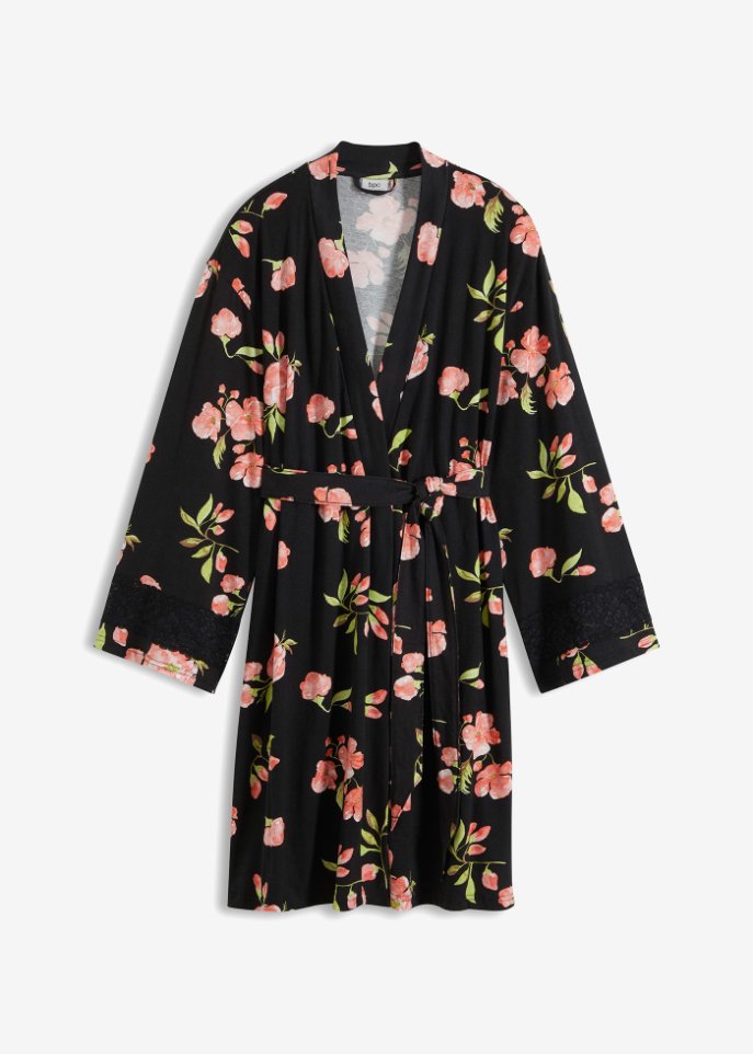 Kimono Bademantel in Shirtqualität in schwarz von vorne - bpc bonprix collection