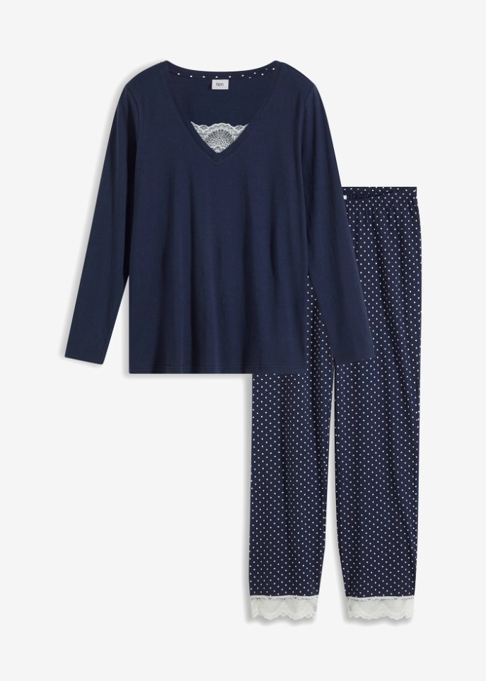 Pyjama mit Spitze in blau von vorne - bpc bonprix collection