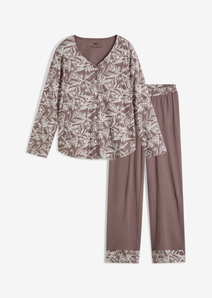 Pyjama mit Knopfleiste und Ärmelaufschlag in lila von vorne - bpc bonprix collection