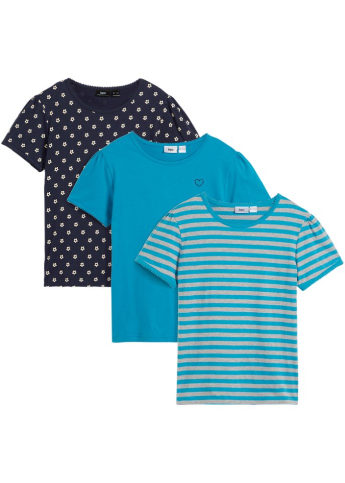 Mädchen Mädchen T-Shirt mit Bio Baumwolle (3er Pack) in blau von vorne - bpc bonprix collection