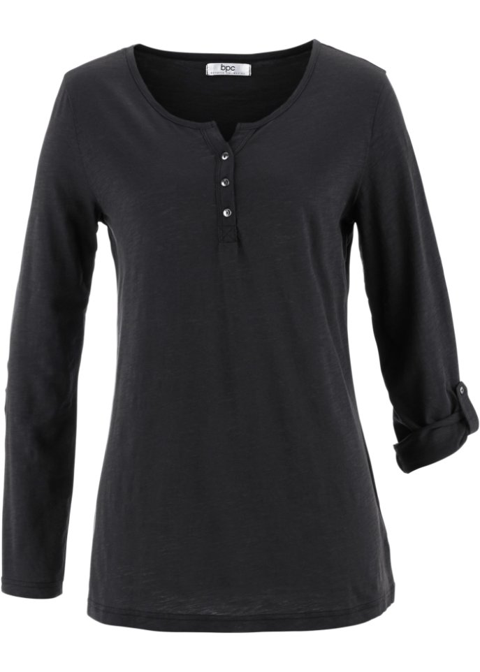 Leichtes Baumwoll Langarm-Shirt mit Knopfleiste in schwarz von vorne - bpc bonprix collection