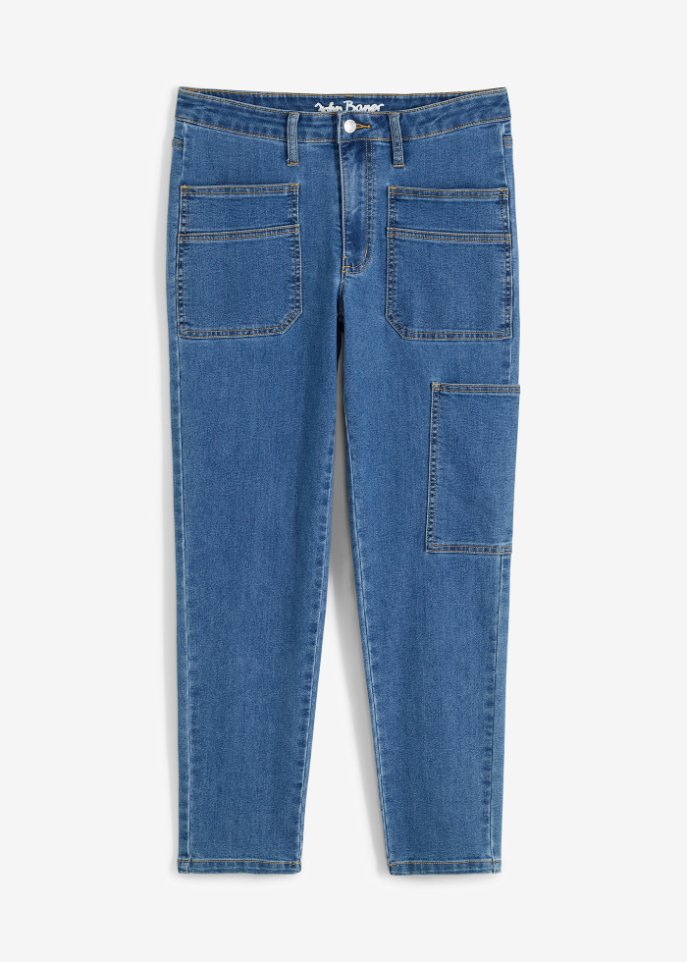 Cargo Jeans Mid Waist, cropped in blau von vorne - John Baner JEANSWEAR