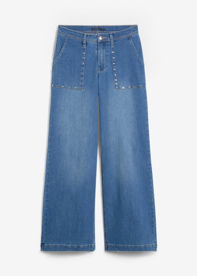 Wide Leg Jeans Mid Waist, mit Nieten  in blau von vorne - John Baner JEANSWEAR