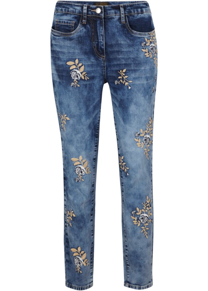Jeans mit floraler Stickerei in blau von vorne - bpc selection