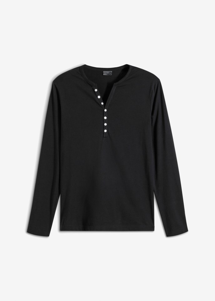 Langarm-Henleyshirt aus Bio Baumwolle, Slim Fit in schwarz von vorne - RAINBOW