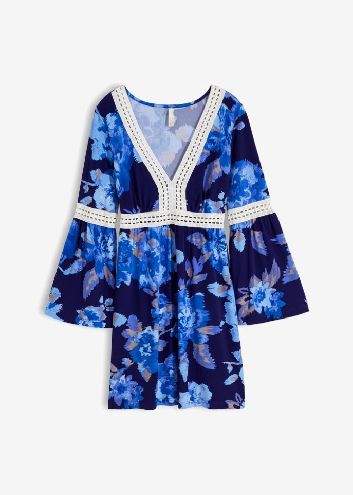 Kleid mit Häkeleinsatz in blau von vorne - BODYFLIRT boutique