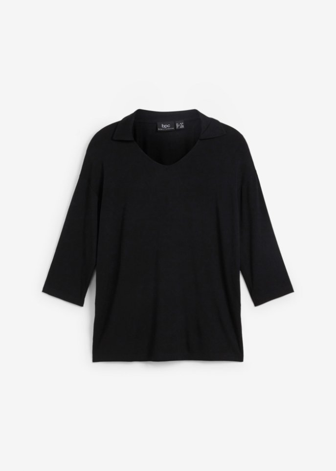 Oversize-Shirt mit Polo-Kragen und Seitenschlitzen, 3/4 –Arm  in schwarz von vorne - bpc bonprix collection