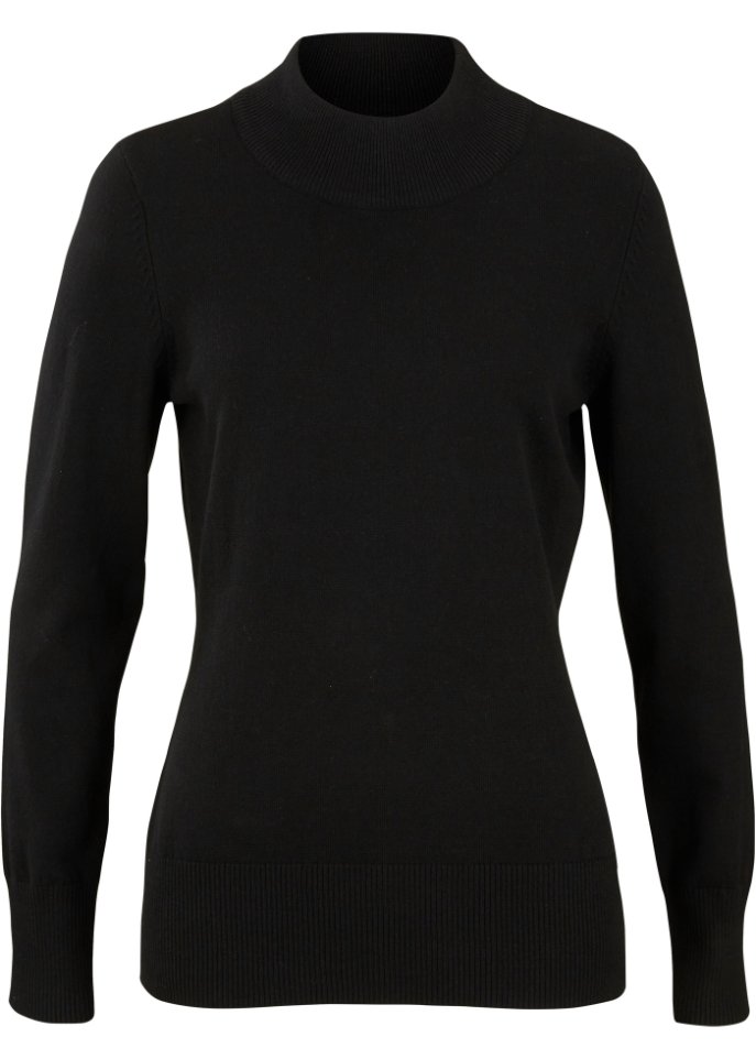 Basic Pullover mit Stehkragen mit recycelter Baumwolle in schwarz von vorne - bpc bonprix collection