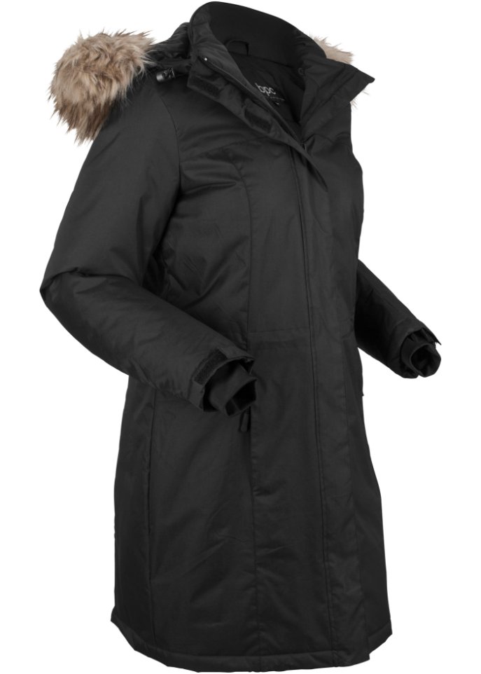 Warmer Funktions-Outdoor-Mantel mit Fellimitat in schwarz von vorne - bpc bonprix collection
