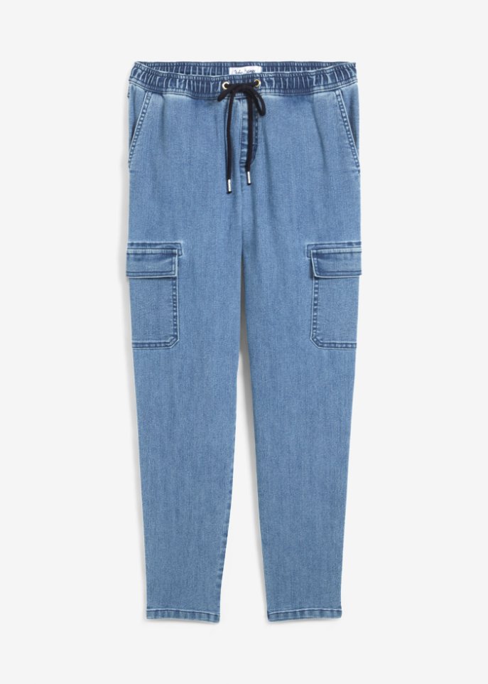 Cargo Jeans Mid Waist, croppped in blau von vorne - John Baner JEANSWEAR