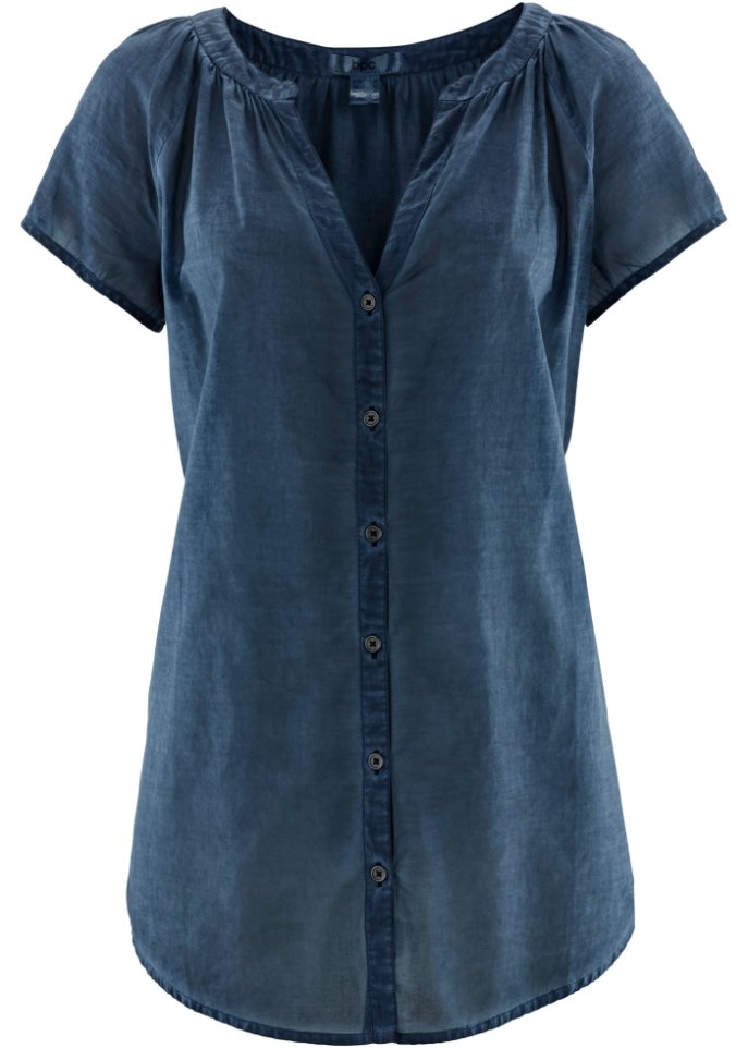 Cold-dyed-Bluse aus Bio-Baumwolle, Kurzarm in blau von vorne - bpc bonprix collection