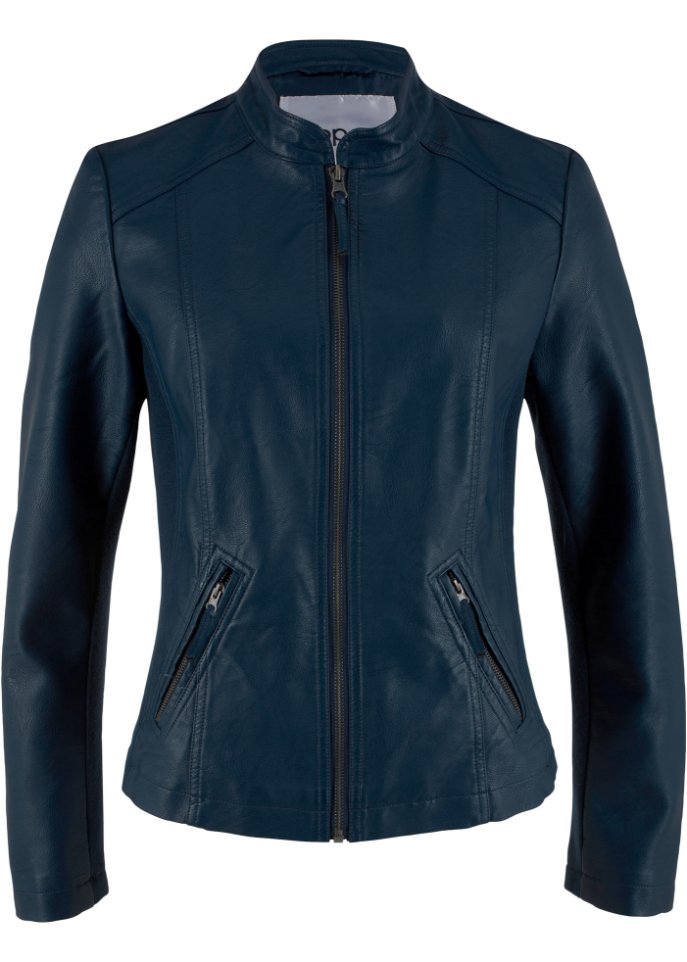 Leichte Lederimitat-Jacke mit seitlichen Stretcheinsätzen, tailliert in blau von vorne - bpc bonprix collection