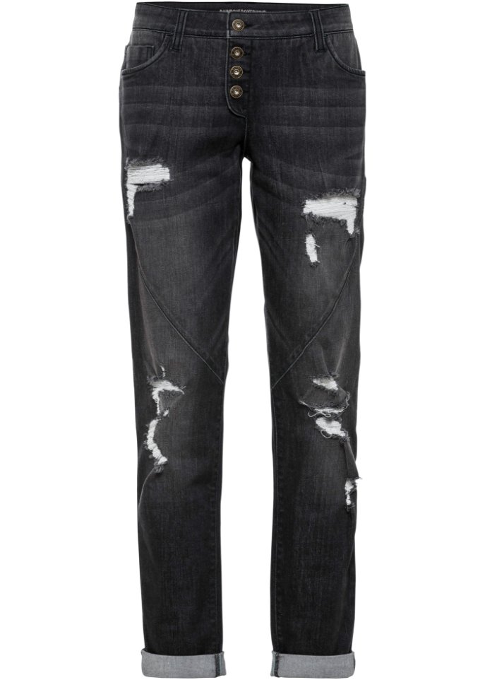 Boyfriend-Jeans Destroyed mit recyceltem Polyester in schwarz von vorne - RAINBOW