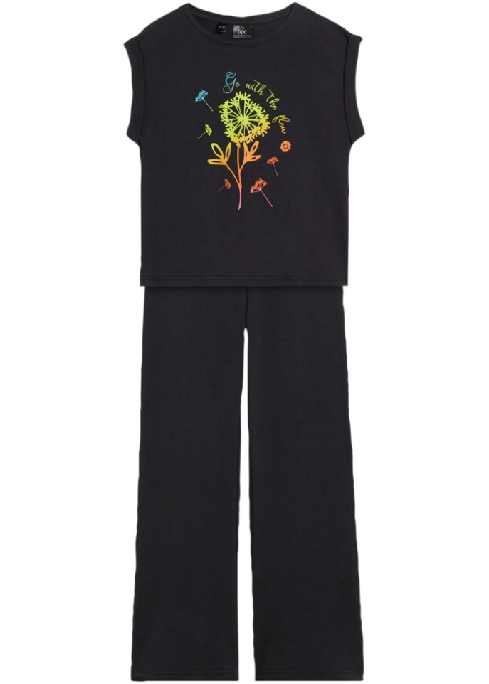 Mädchen T-Shirt + Leggings Flared mit Bio- Baumwolle (2tlg. Set) in schwarz von vorne - bpc bonprix collection