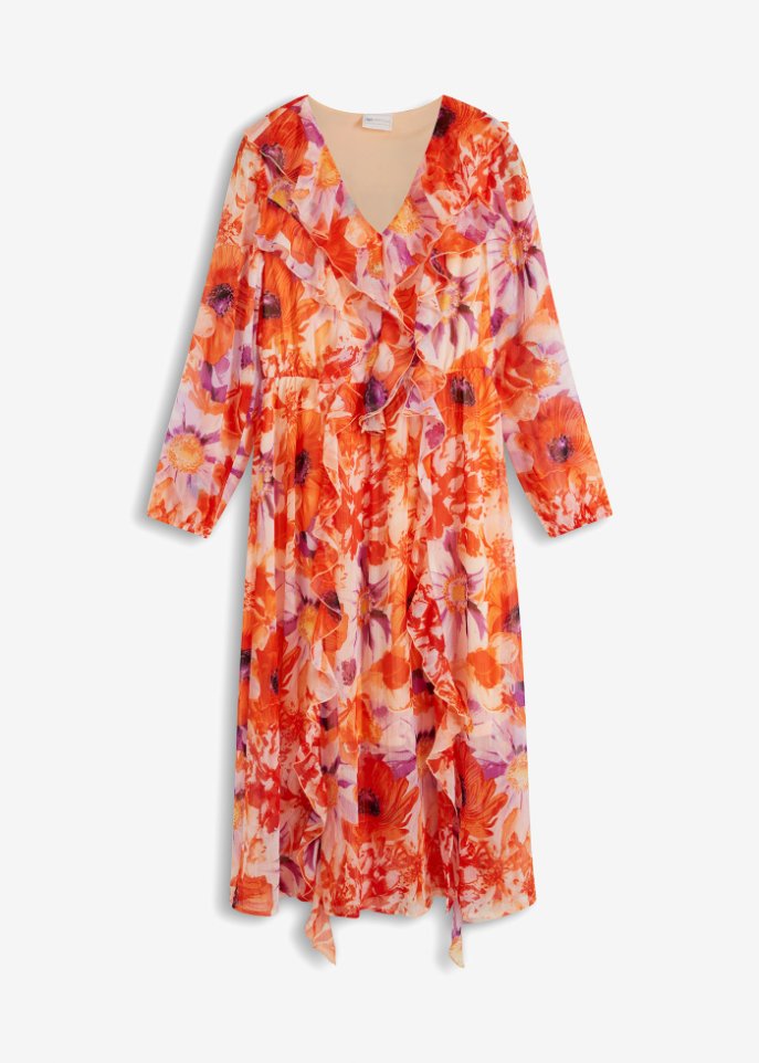 Chiffon Kleid mit Volants aus recyceltem Polyester in orange von vorne - bpc selection