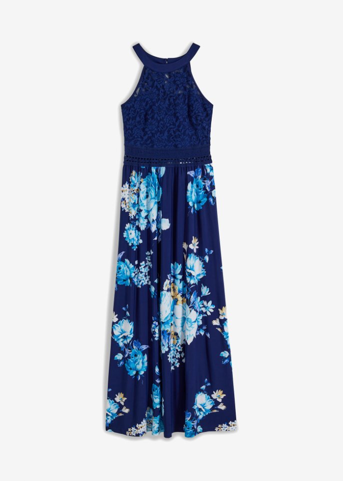 Sommer-Maxikleid mit Blumen-Print und Spitze in blau von vorne - BODYFLIRT boutique