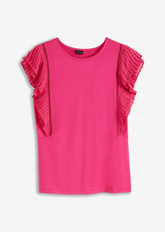 Shirt mit Plissee-Volants in pink von vorne - BODYFLIRT