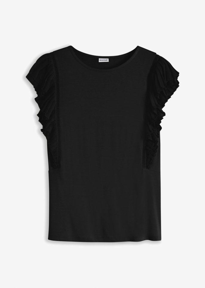 Shirt mit Plissee-Volants in schwarz von vorne - BODYFLIRT