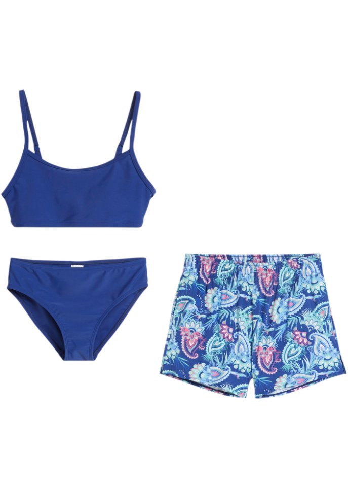Mädchen Bikini + Shorts (3-tlg.Set) in blau von vorne - bpc bonprix collection