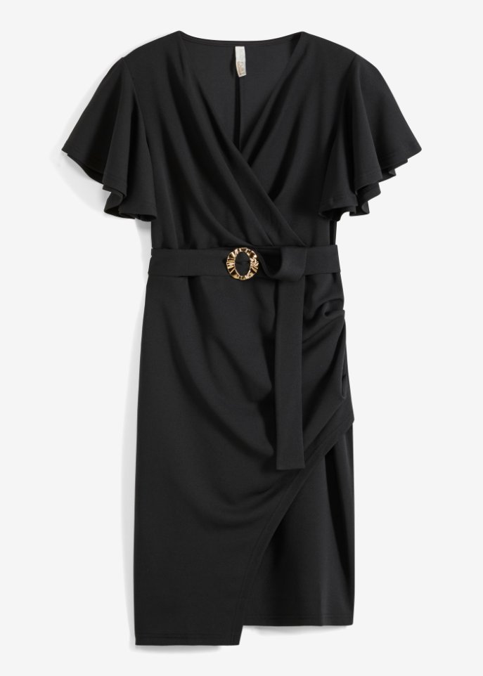 Jersey-Kleid mit Gürtel und goldfarbener Schnalle  in schwarz von vorne - BODYFLIRT boutique
