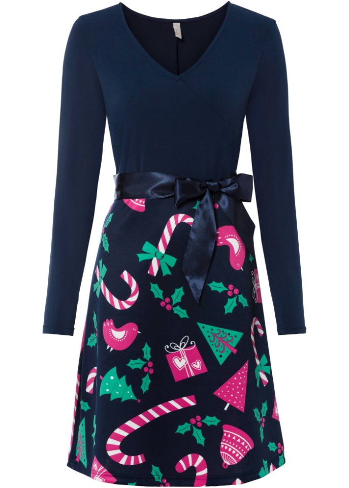 Kleid mit Weihnachtsmotiv in blau von vorne - BODYFLIRT boutique