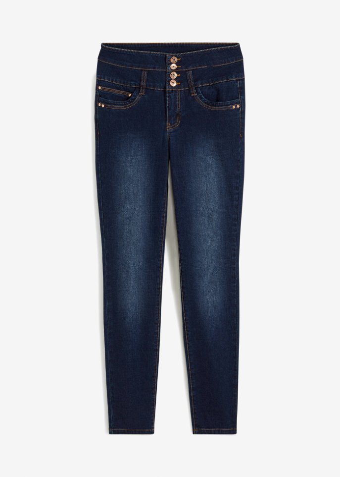 High Waist Skinny-Jeans mit langer Knopfleiste in blau von vorne - RAINBOW