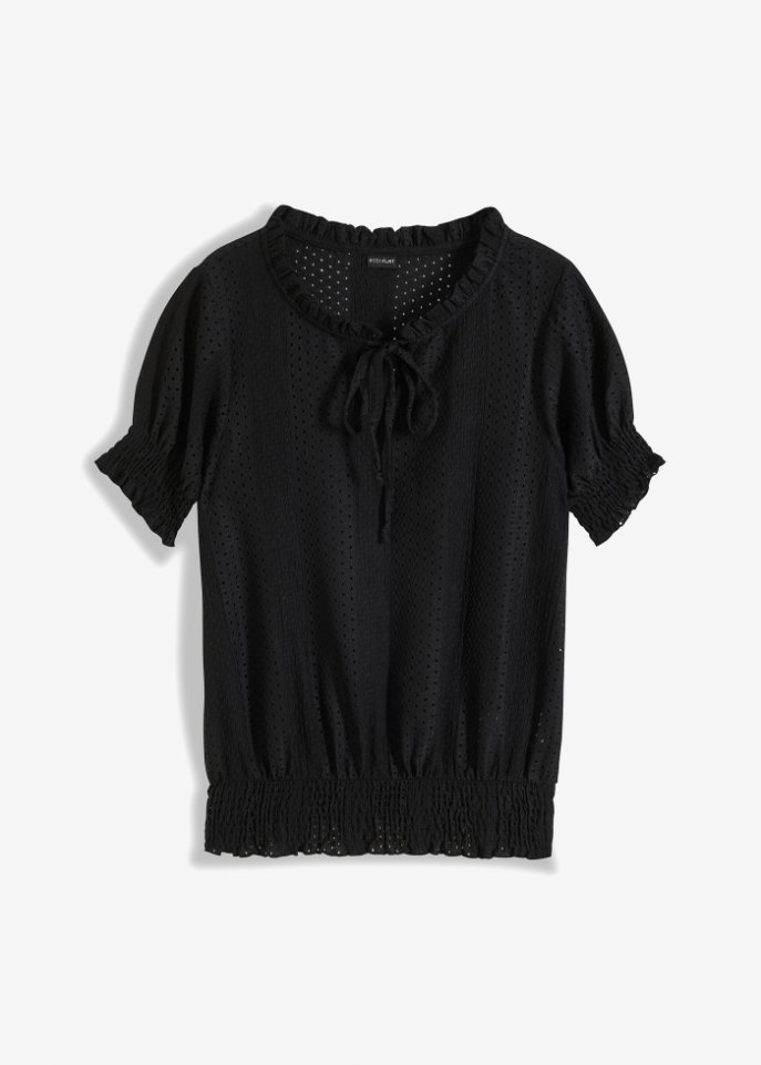 Shirt mit Lochstickerei in schwarz von vorne - BODYFLIRT