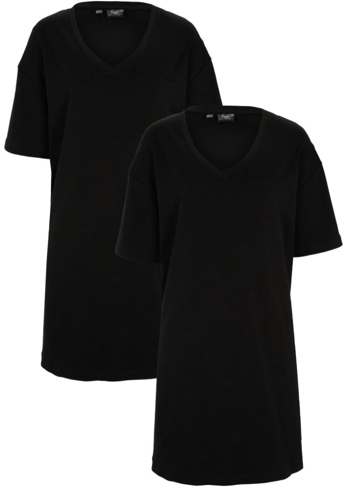 T-Shirtkleid mit V-Ausschnitt, oversize (2er Pack) in schwarz von vorne - bpc bonprix collection