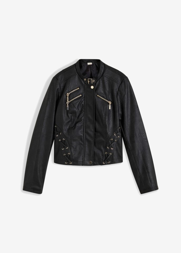 Lederimitat-Jacke  in schwarz von vorne - BODYFLIRT boutique
