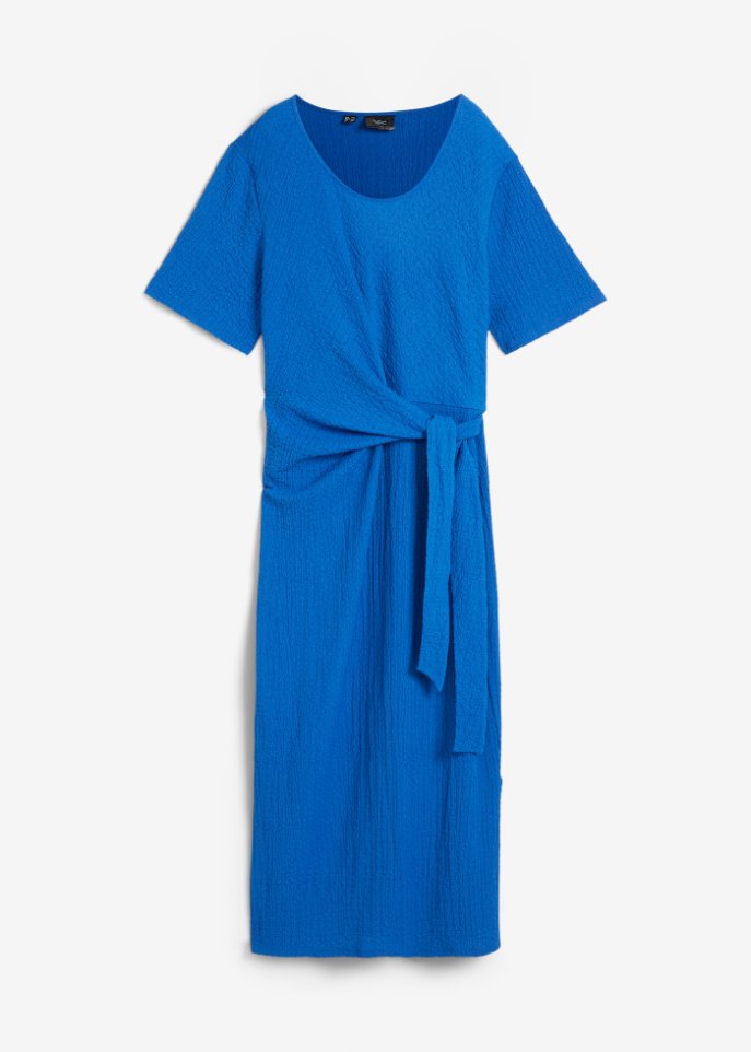 Shirt-Kleid mit Knotendetail in Midi-Länge aus Strukturjersey in blau von vorne - bpc bonprix collection