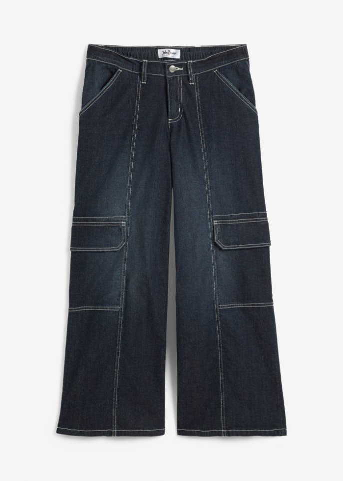 Cargo Jeans Mid Waist, cropped in blau von vorne - John Baner JEANSWEAR