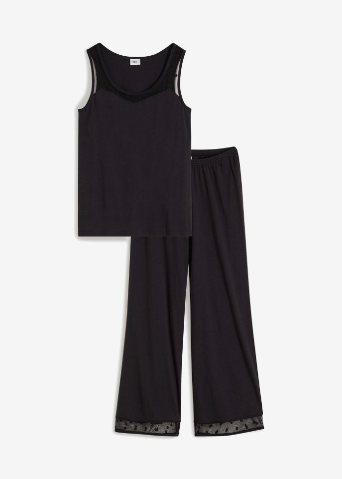 Pyjama mit Spitzeneinsatz in schwarz von vorne - bpc bonprix collection
