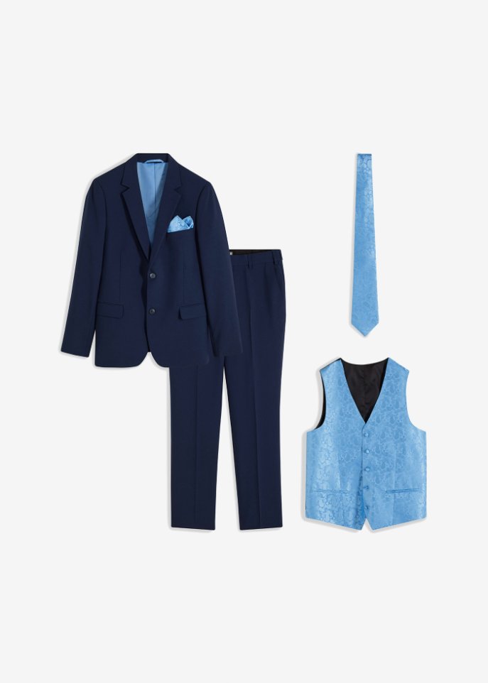 Hochzeitsanzug Slim Fit (5-tlg.Set): Sakko, Hose, Weste, Krawatte, Einstecktuch in blau von vorne - bpc selection
