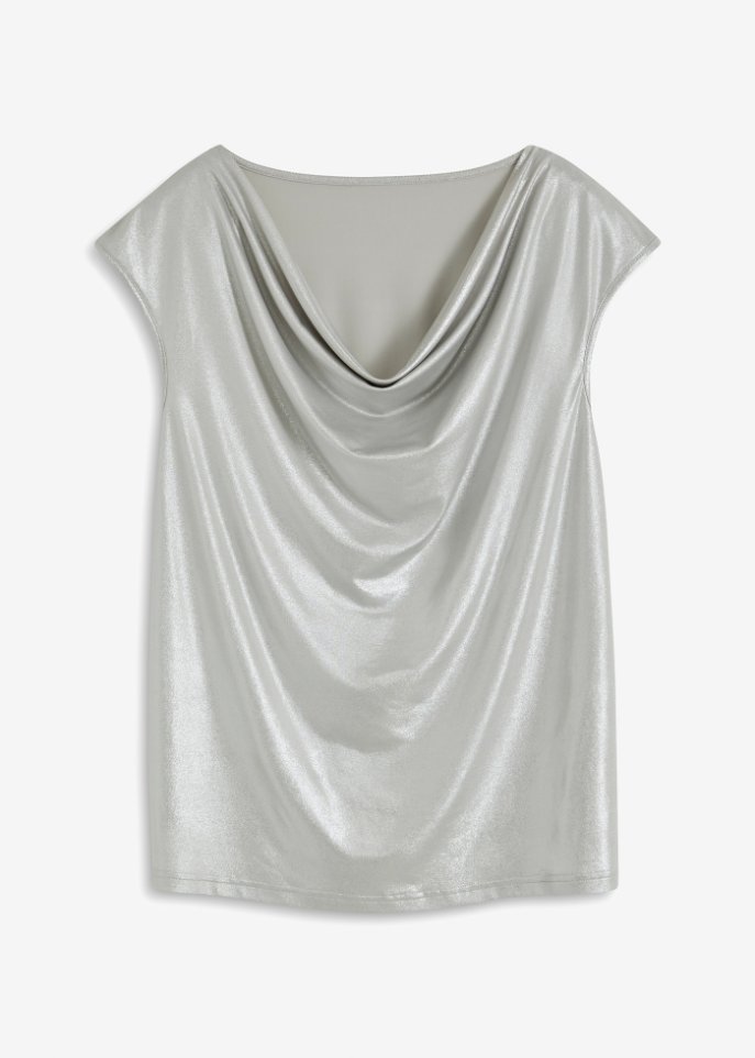 Shirttop mit Wasserfallausschnitt glänzend in silber von vorne - bpc selection