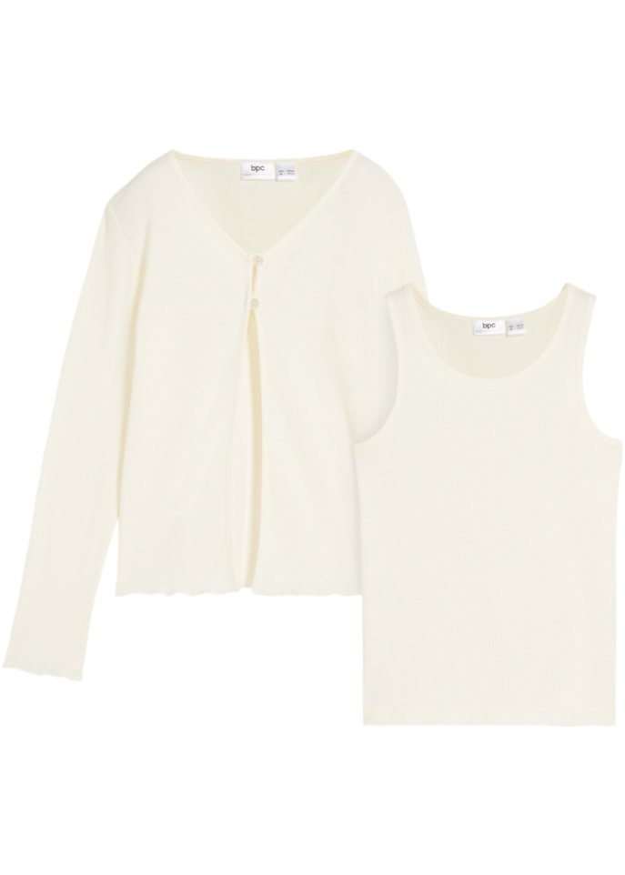 Mädchen Ripp-Shirtjacke + Top aus Bio-Baumwolle (2-tlg. Set) in weiß von vorne - bpc bonprix collection