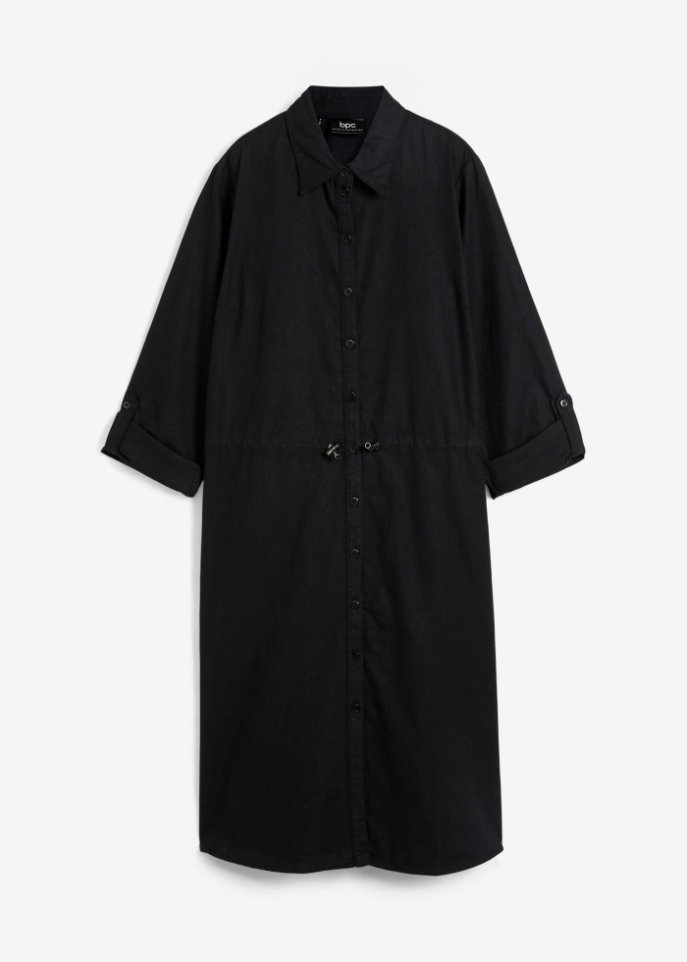 Blusen- Kleid mit Leinen und Gummizug in der Taille im Utility-Stil, knieumspielend in schwarz von vorne - bpc bonprix collection